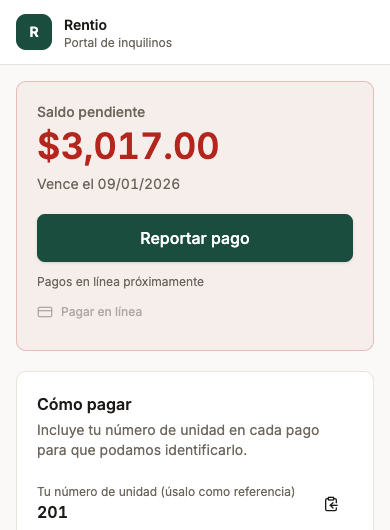The Rentio tenant portal in Spanish on a phone, showing the balance due and a button to report a payment